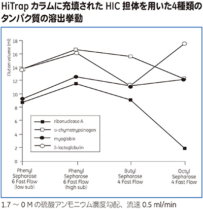 HIC担体の違いによる4種類のタンパク質の溶出挙動の変化