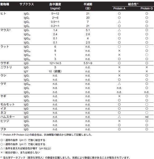 動物種・サブクラスによるProteinA/Gとの結合性の違い