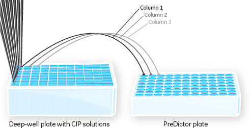 模式図：ディープウェルプレートからPreDictor™プレートへの洗浄液の分注