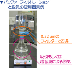 バッファーフィルトレーションと脱気の使用器具例