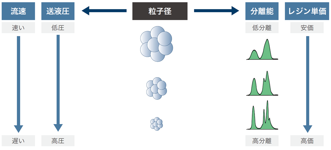 レジンの粒子径と分離能、送液圧の関係